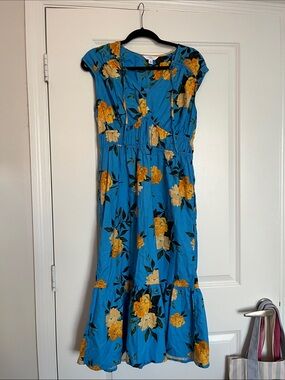 Blue Floral Midi Dress with Yellow Blossom Print